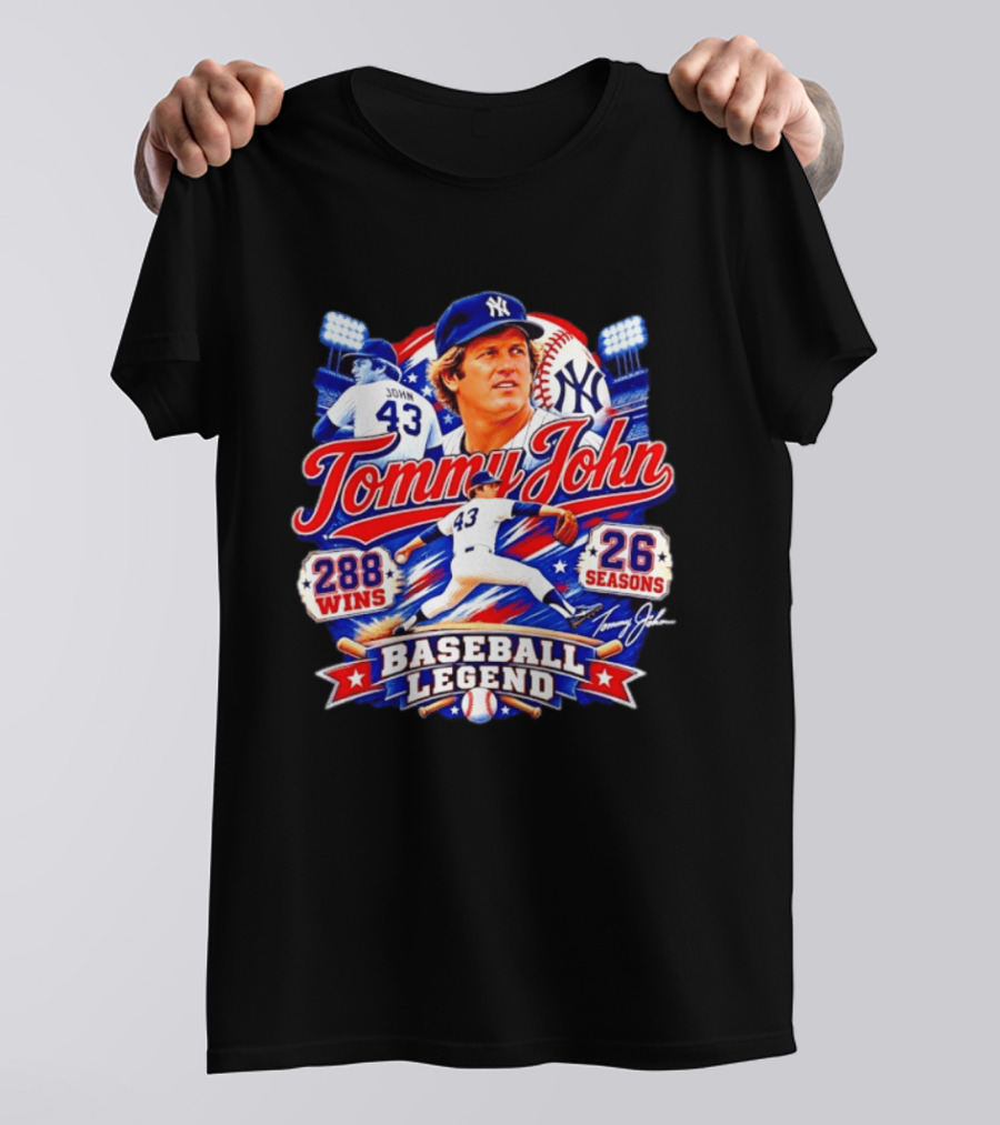 Tommy John 43 NY Yankees Baseball Legend 288 Wins 26 Seasons T-Shirt