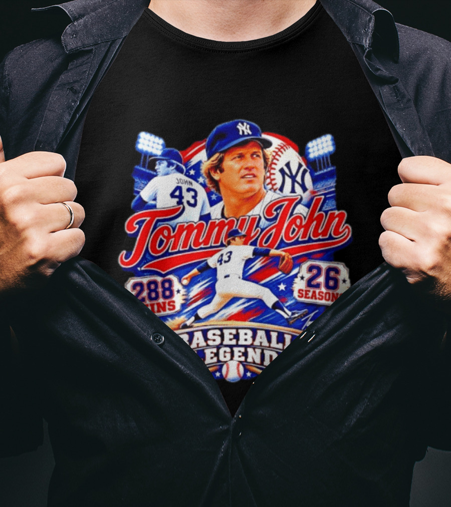 Tommy John 43 NY Yankees Baseball Legend 288 Wins 26 Seasons T-Shirt