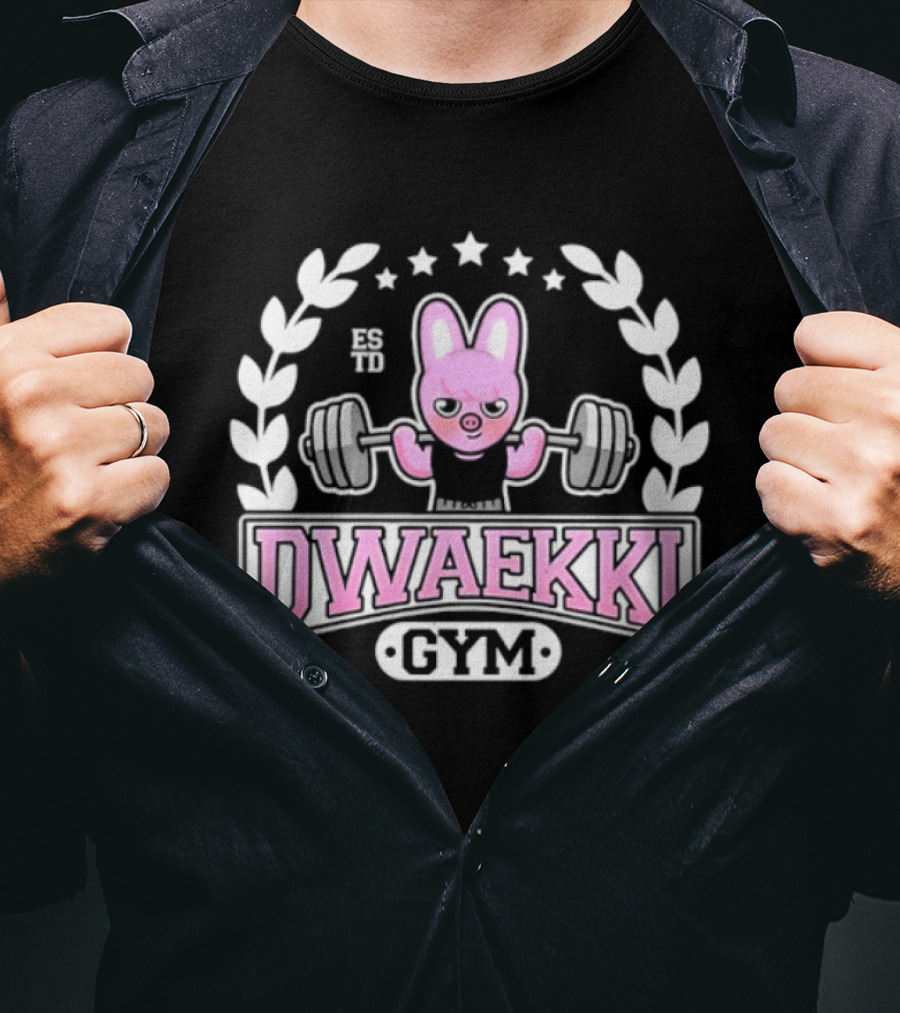Dwaekki Gym Stray Hyunjin SKZOO K Pop Weightlifting Bunny Character Fitness Fan Gear T-Shirt
