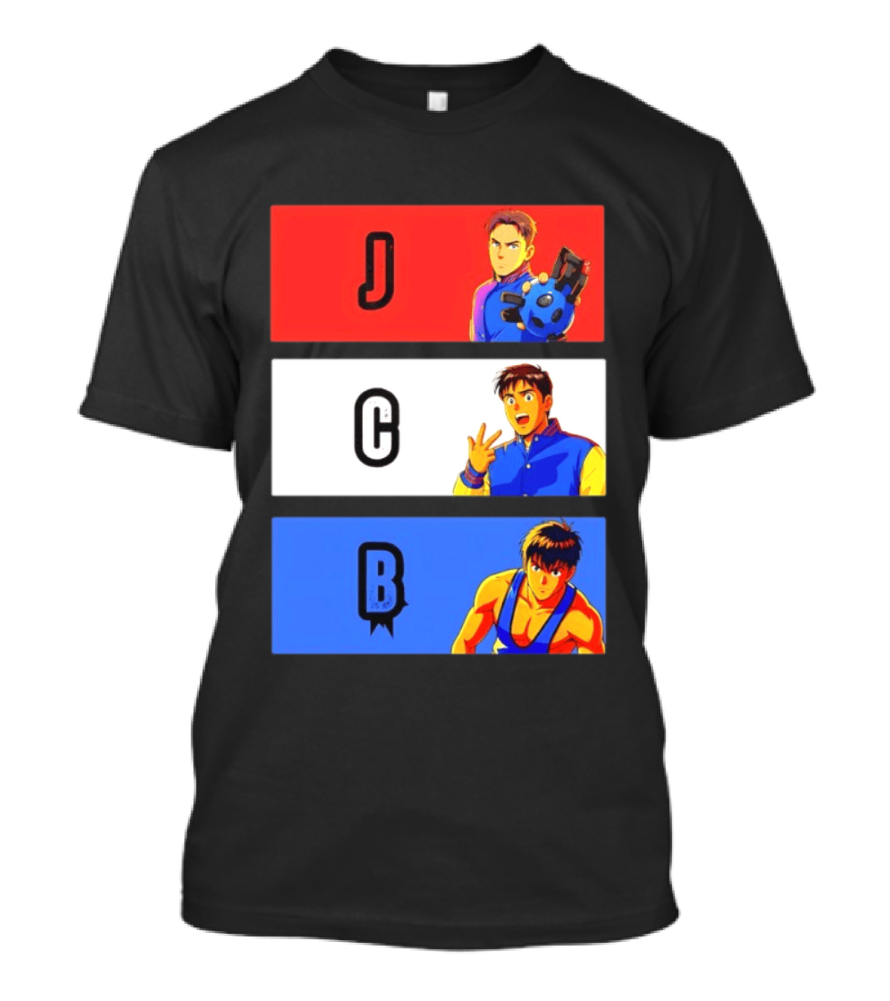 JCB Anime Characters Red White Blue Panels T-Shirt