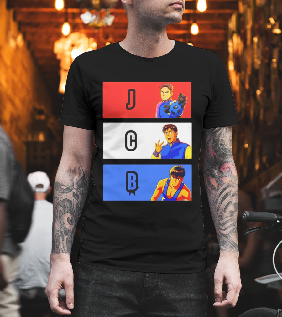 JCB Anime Characters Red White Blue Panels T-Shirt