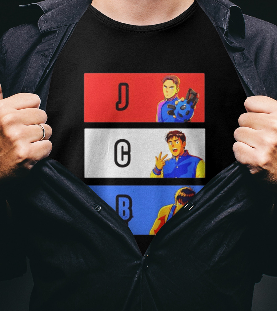 JCB Anime Characters Red White Blue Panels T-Shirt