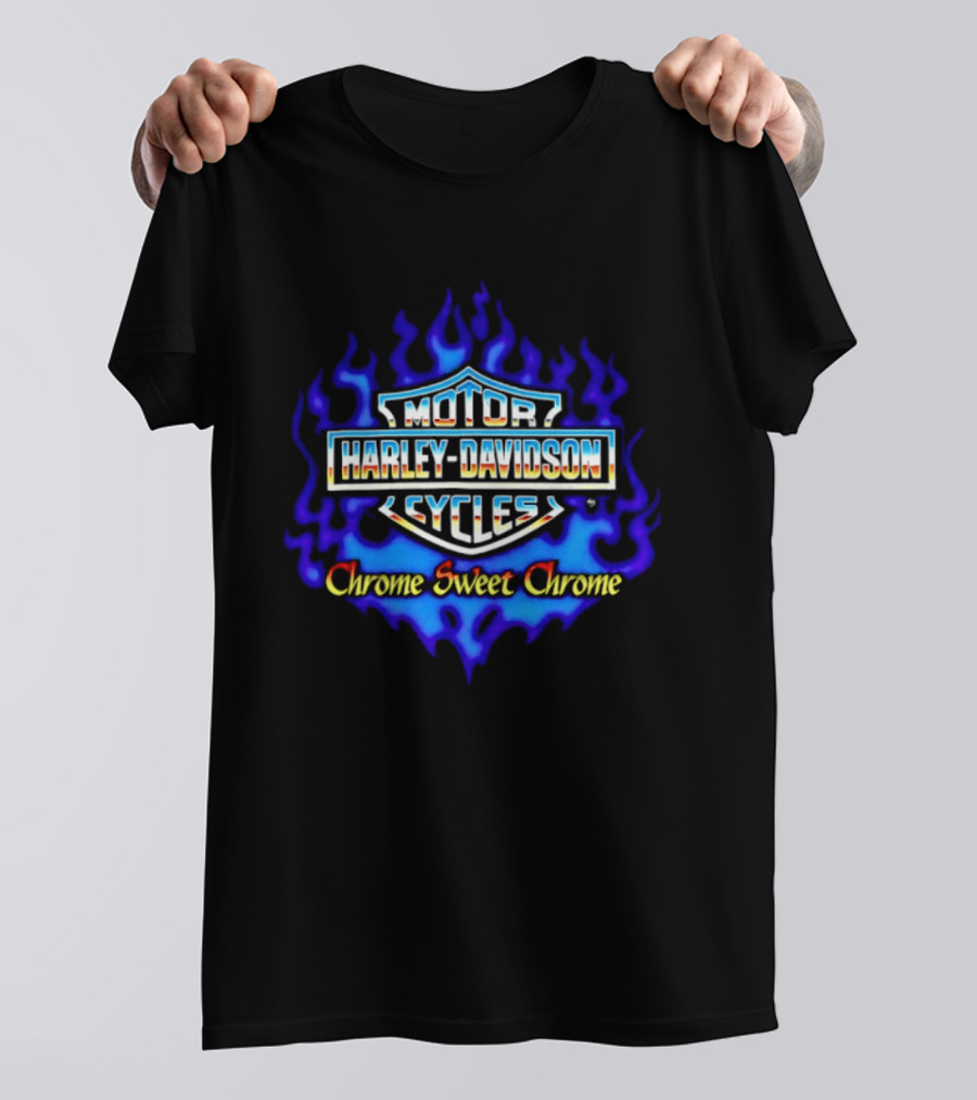 Harley Davidson Motor Cycles Chrome Sweet Chrome Blue Flames T-Shirt