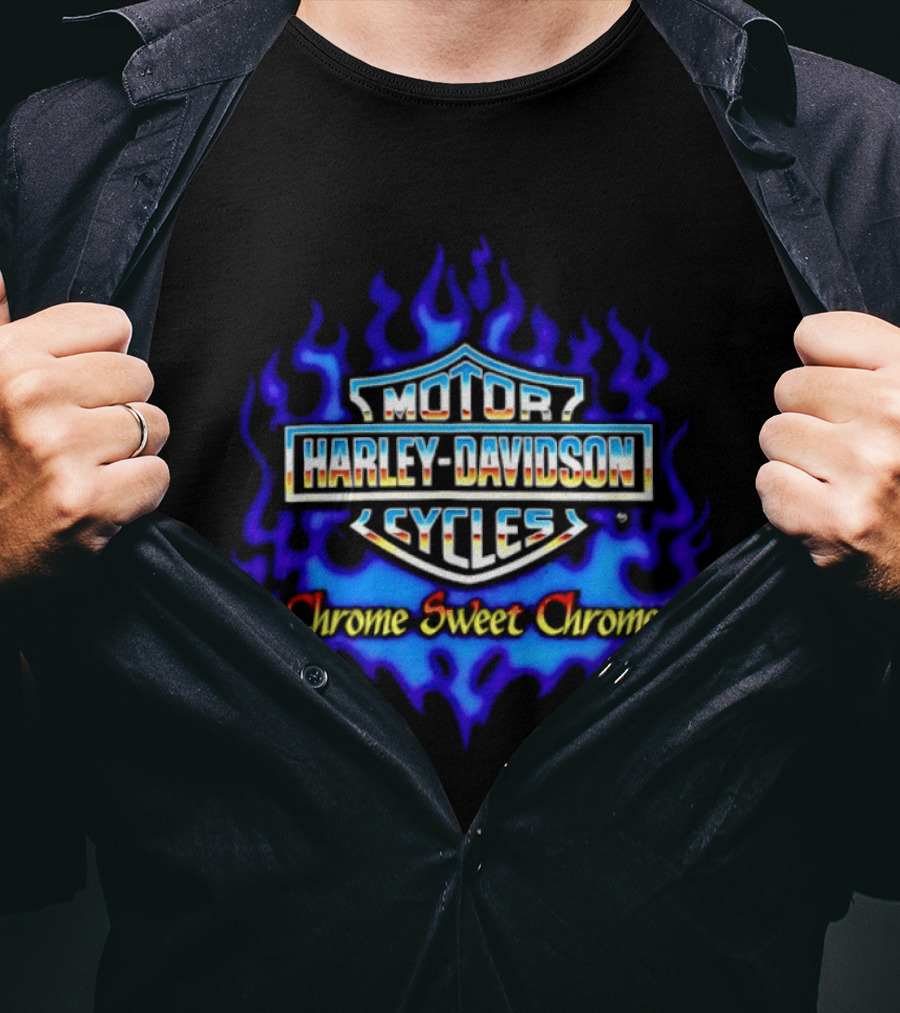 Harley Davidson Motor Cycles Chrome Sweet Chrome Blue Flames T-Shirt