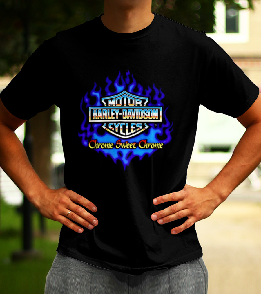 Harley Davidson Motor Cycles Chrome Sweet Chrome Blue Flames T-Shirt