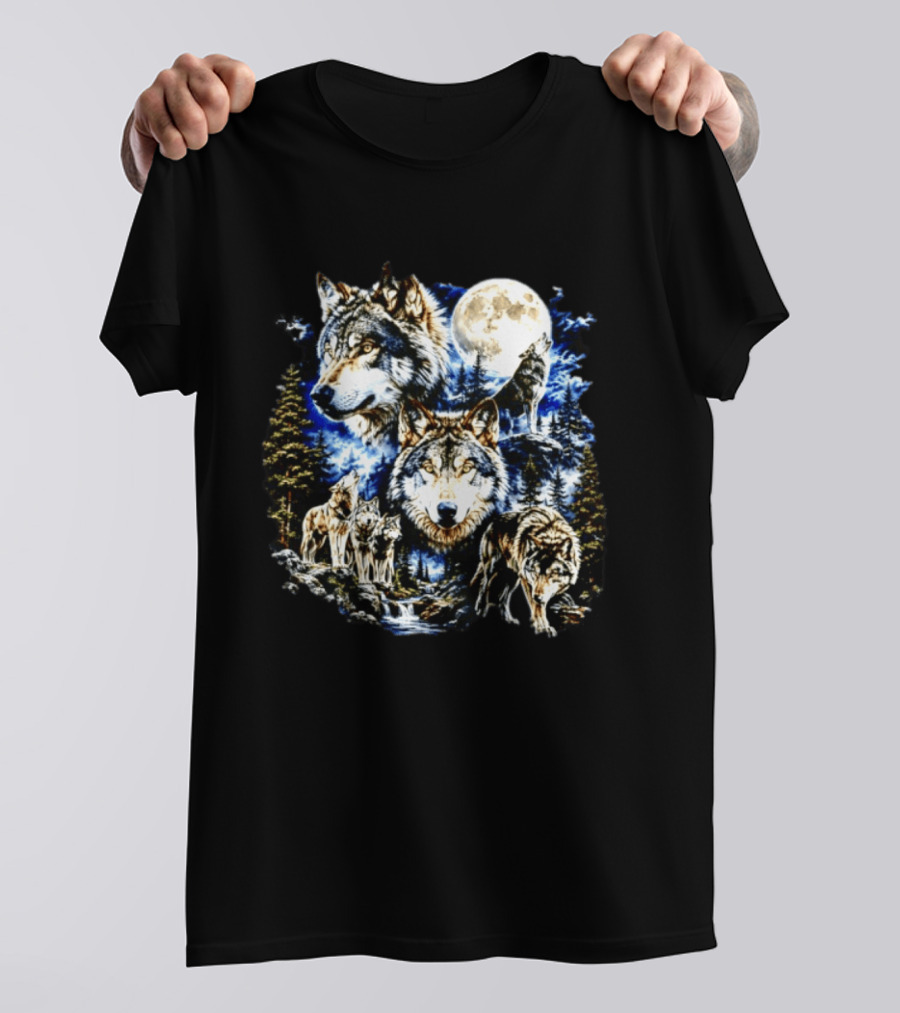 MS Studio Wolf Pack Full Moon Forest Wilderness Nature T-Shirt