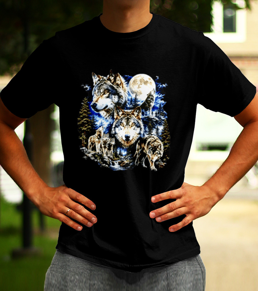 MS Studio Wolf Pack Full Moon Forest Wilderness Nature T-Shirt