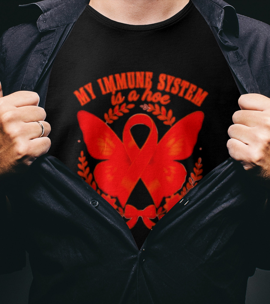 My Immune System Is A Hoe Autoimmune Disease Red Ribbon Butterfly T-Shirt