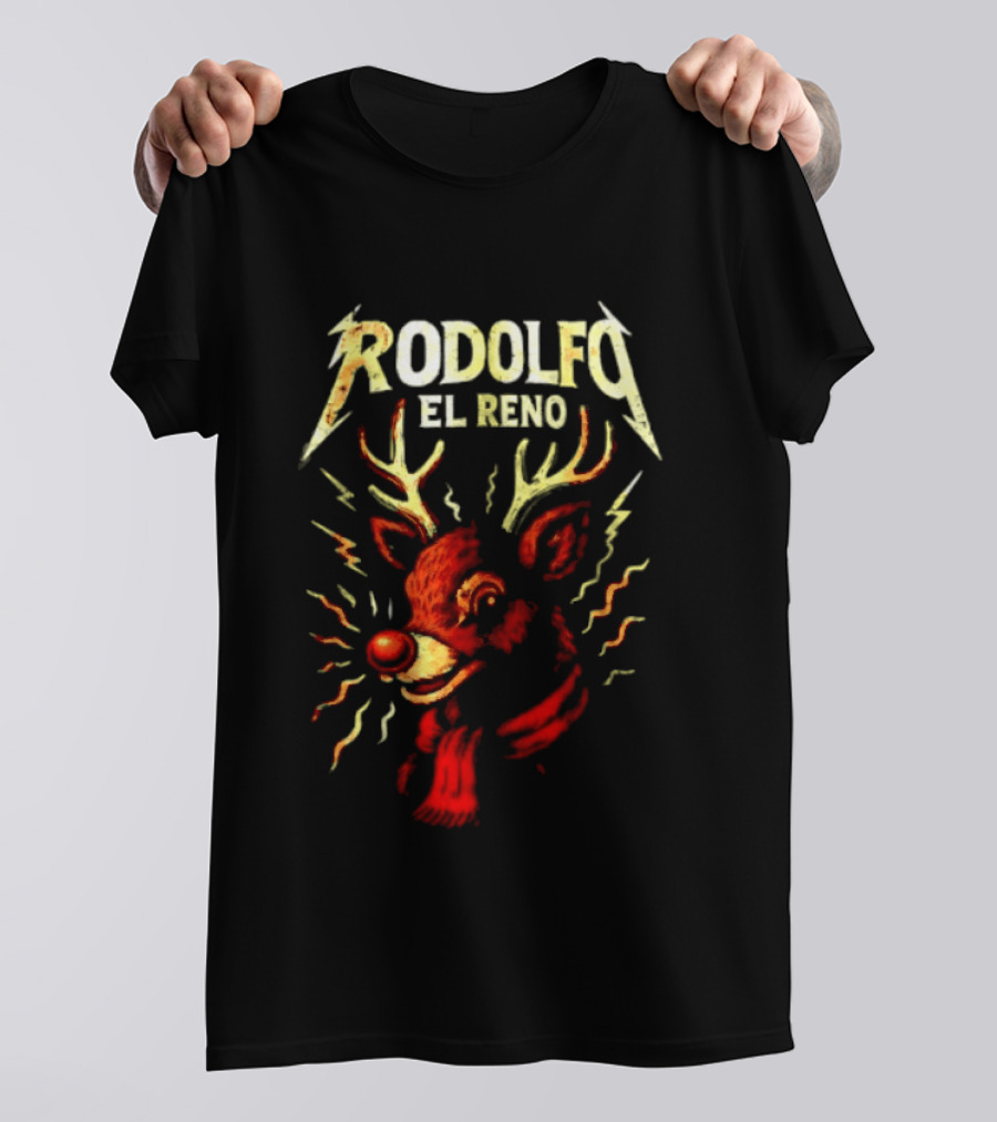 Rodolfo El Reno Heavy Metal Reindeer Christmas Lightning Antlers T-Shirt