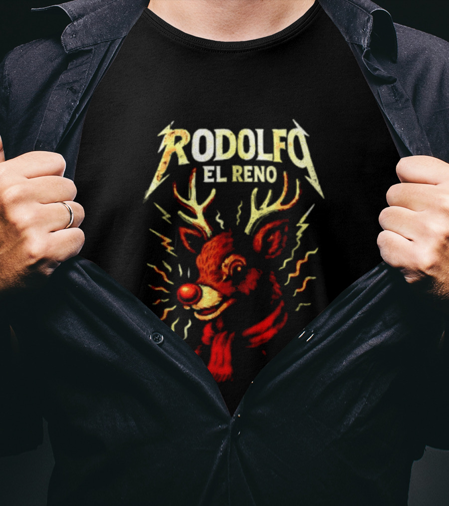 Rodolfo El Reno Heavy Metal Reindeer Christmas Lightning Antlers T-Shirt