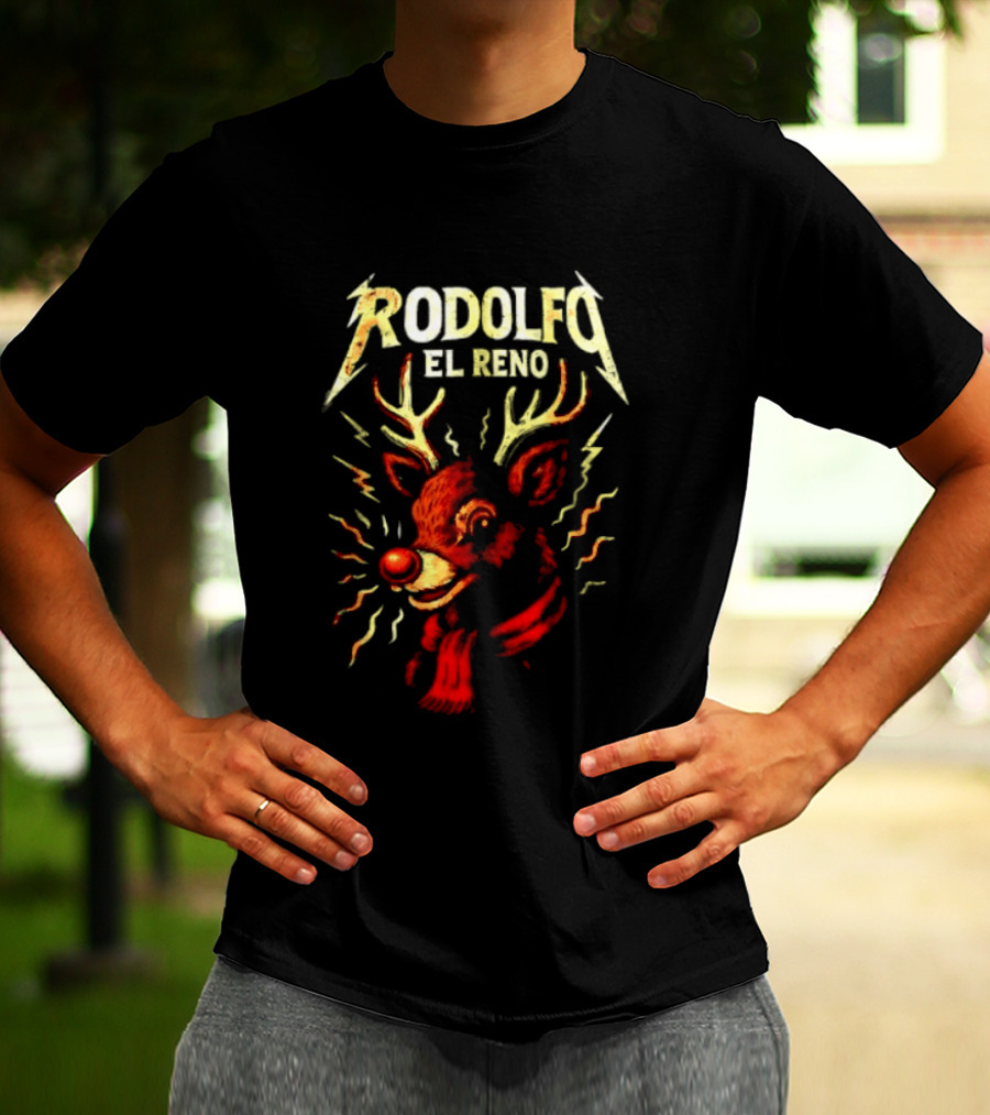 Rodolfo El Reno Heavy Metal Reindeer Christmas Lightning Antlers T-Shirt