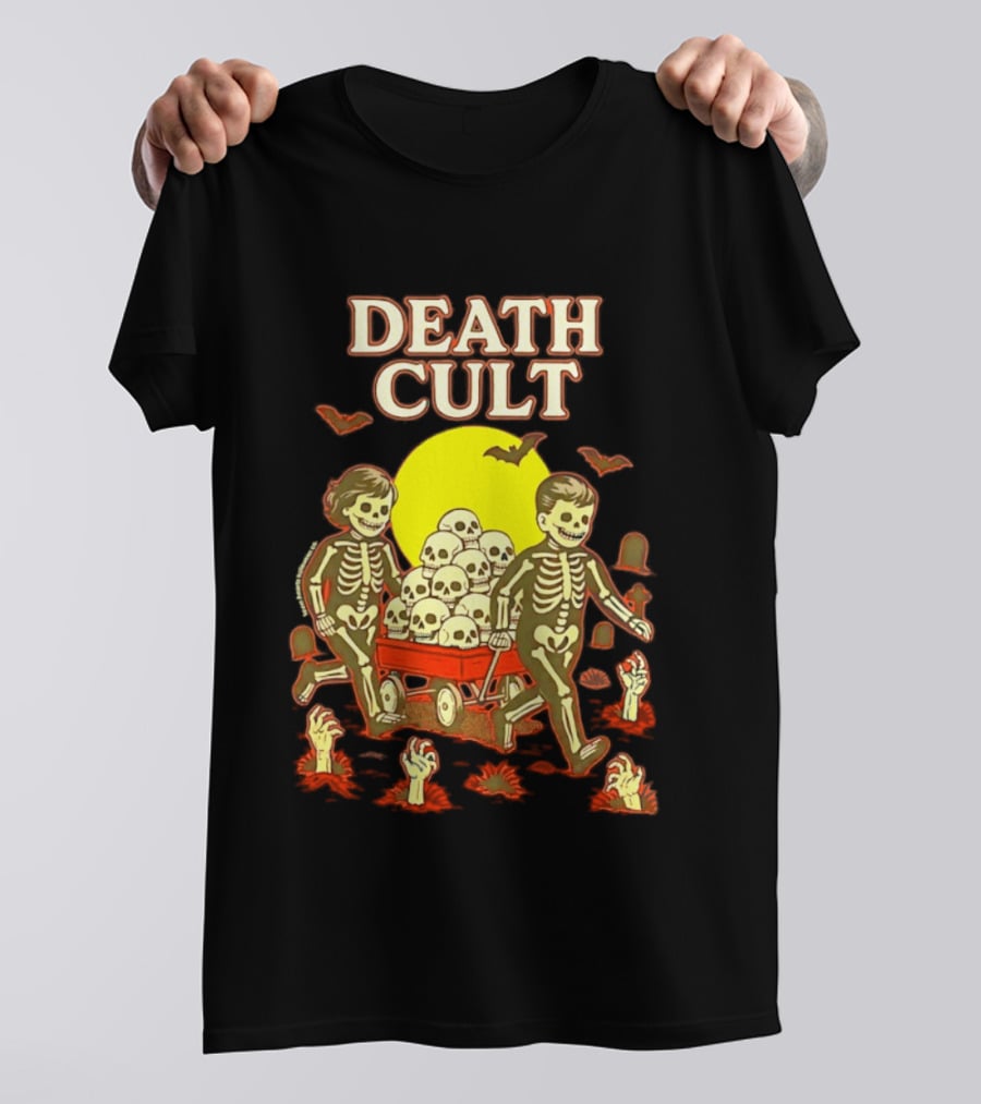 Death Cult Skeleton Kids Hauling Skull Filled Wagon With Rising Hands And Bats T-Shirt