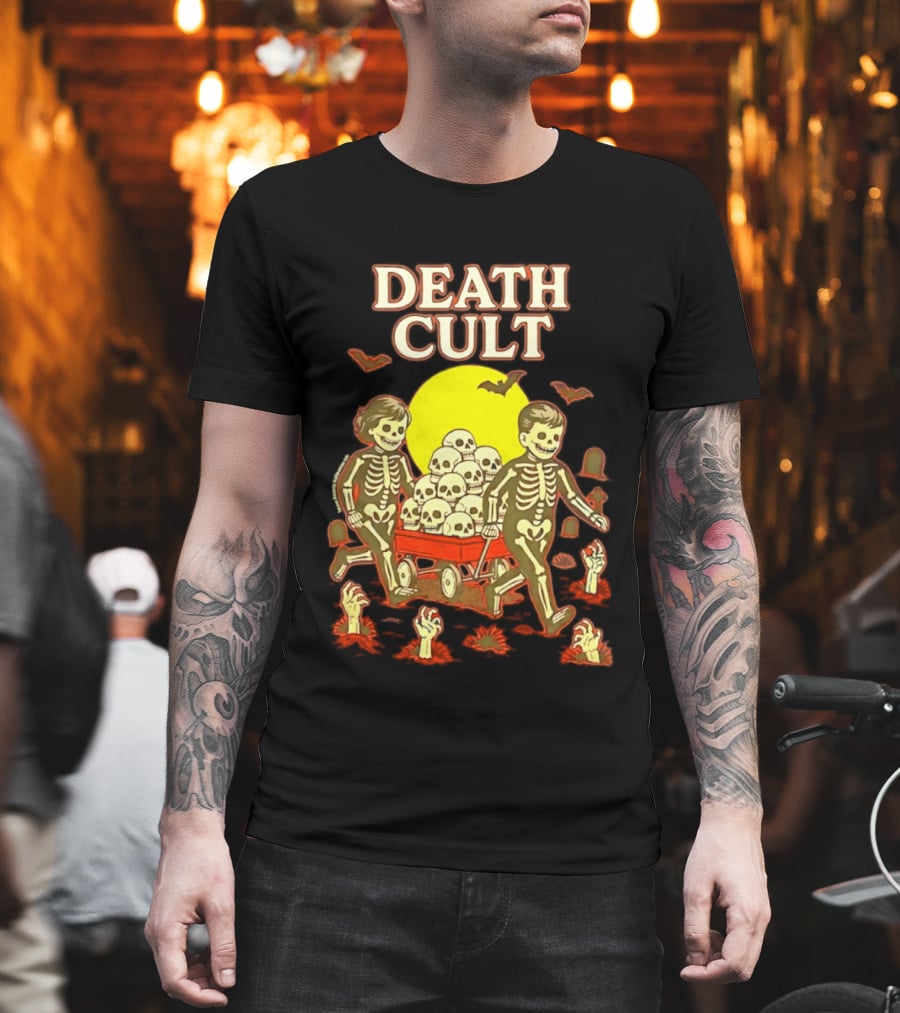 Death Cult Skeleton Kids Hauling Skull Filled Wagon With Rising Hands And Bats T-Shirt