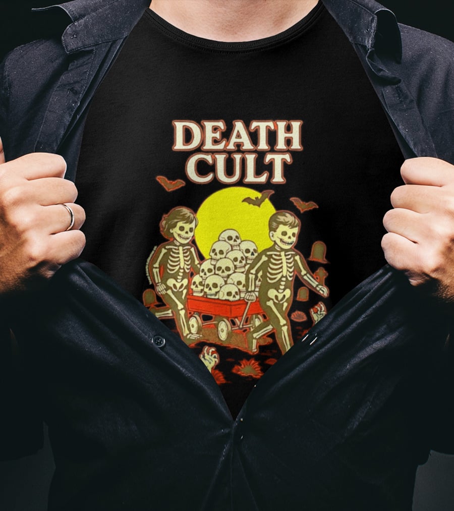 Death Cult Skeleton Kids Hauling Skull Filled Wagon With Rising Hands And Bats T-Shirt