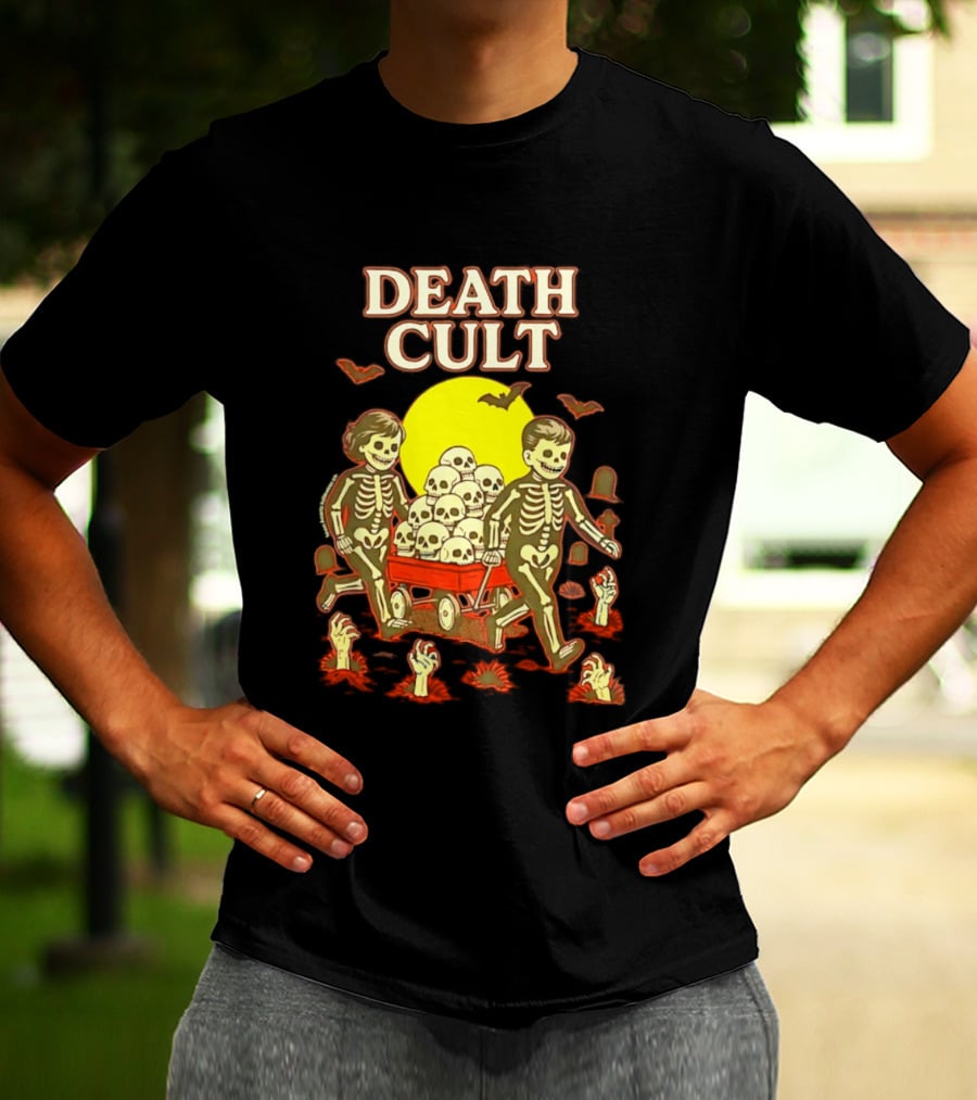 Death Cult Skeleton Kids Hauling Skull Filled Wagon With Rising Hands And Bats T-Shirt
