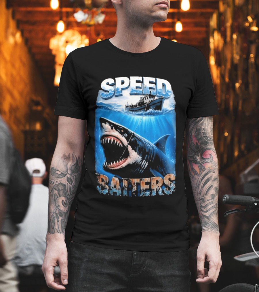 Speed Baiters Shark With Boat And Ocean T-Shirt