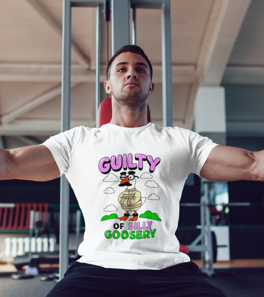 Guilty Of Silly Goosery Cartoon Goose In Striped Suit T-Shirt