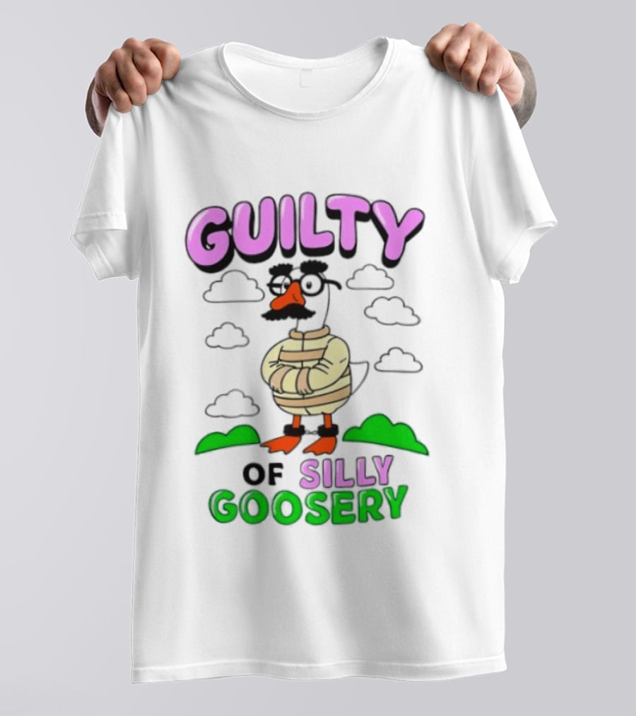 Guilty Of Silly Goosery Cartoon Goose In Striped Suit T-Shirt