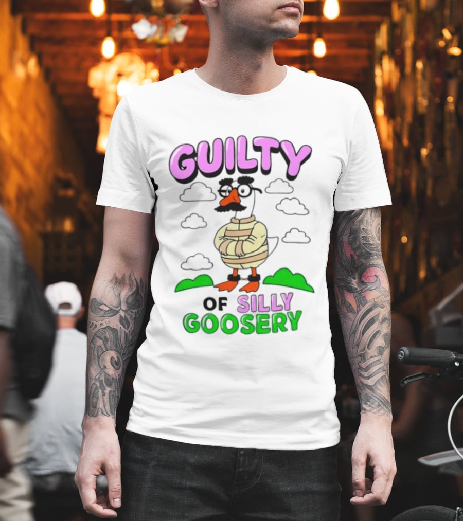 Guilty Of Silly Goosery Cartoon Goose In Striped Suit T-Shirt