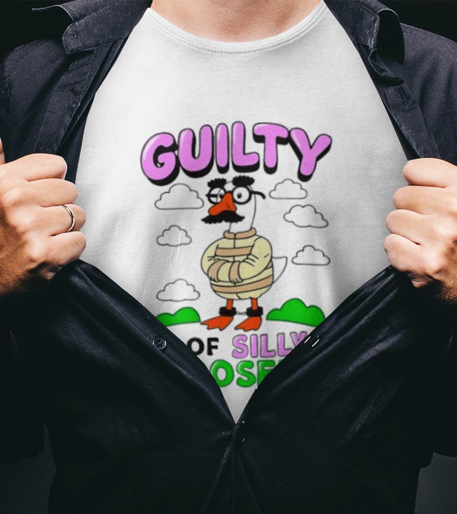Guilty Of Silly Goosery Cartoon Goose In Striped Suit T-Shirt