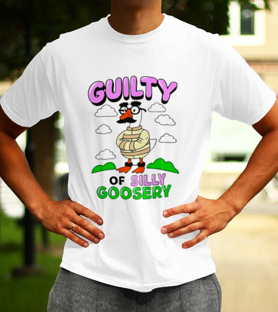 Guilty Of Silly Goosery Cartoon Goose In Striped Suit T-Shirt