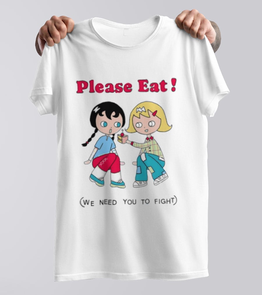Please Eat We Need You To Fight Vintage Anime Style Cartoon Characters Sharing Food T-Shirt