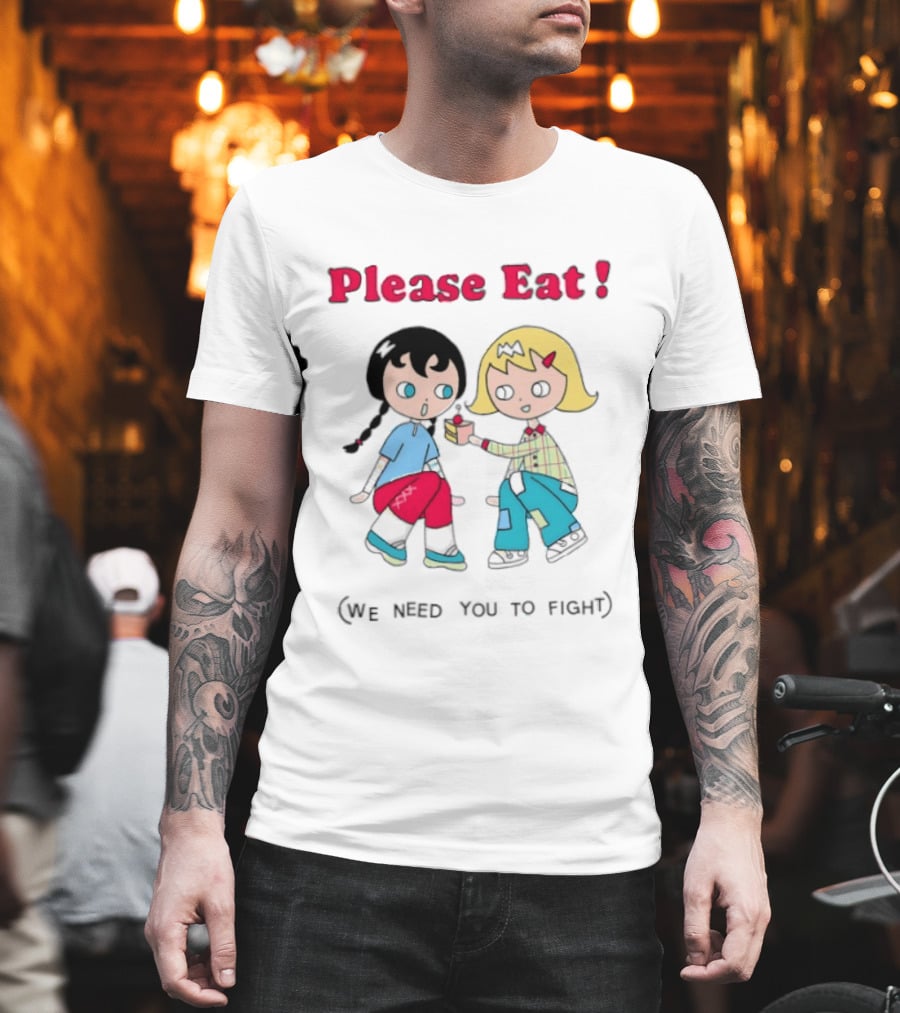 Please Eat We Need You To Fight Vintage Anime Style Cartoon Characters Sharing Food T-Shirt