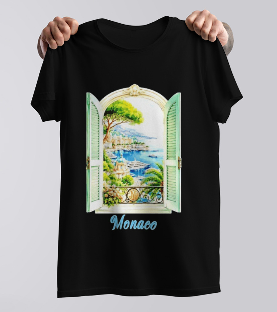 Monaco Window View French Riviera Monte Carlo Scenic Coastal Paradise T-Shirt