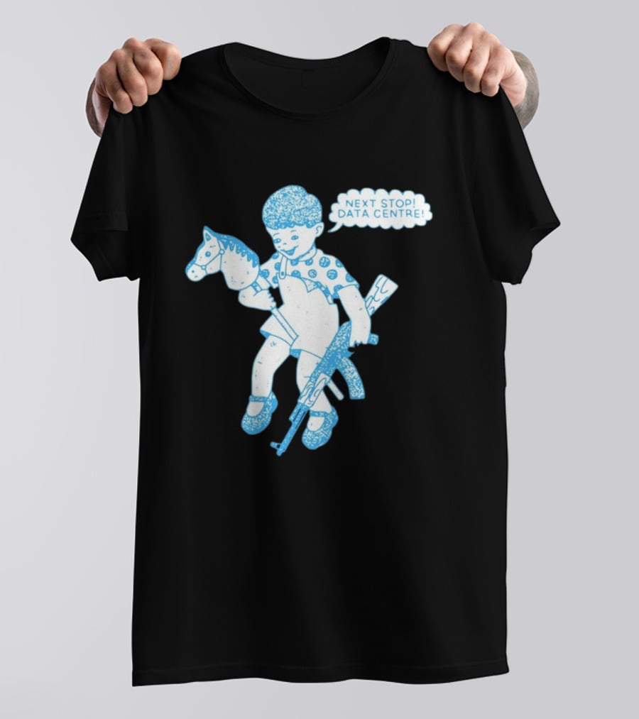 Next Stop Data Centre Kid With Hobby Horse And Toy Rifle Tech Humor T-Shirt