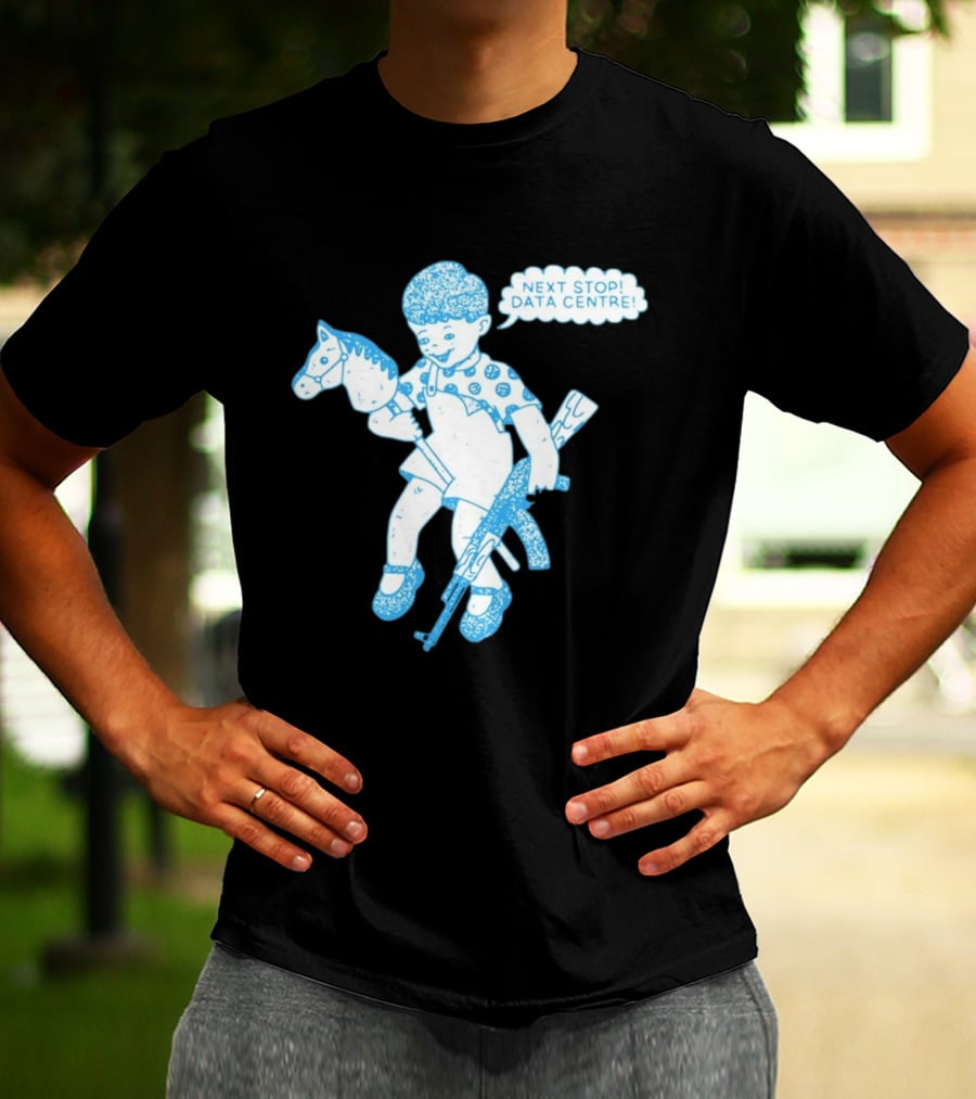 Next Stop Data Centre Kid With Hobby Horse And Toy Rifle Tech Humor T-Shirt