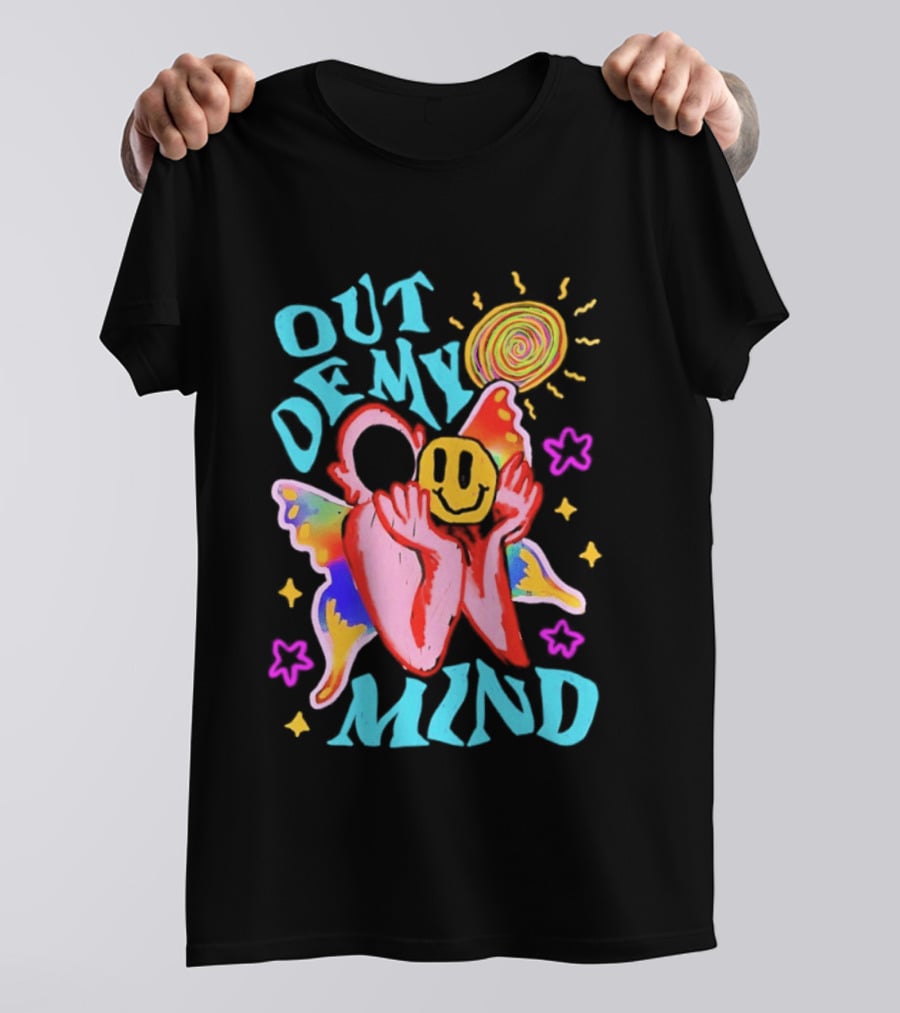 Out Of My Mind Smiley Face Butterfly Psychedelic Sunburst Fantasy Flowers T-Shirt