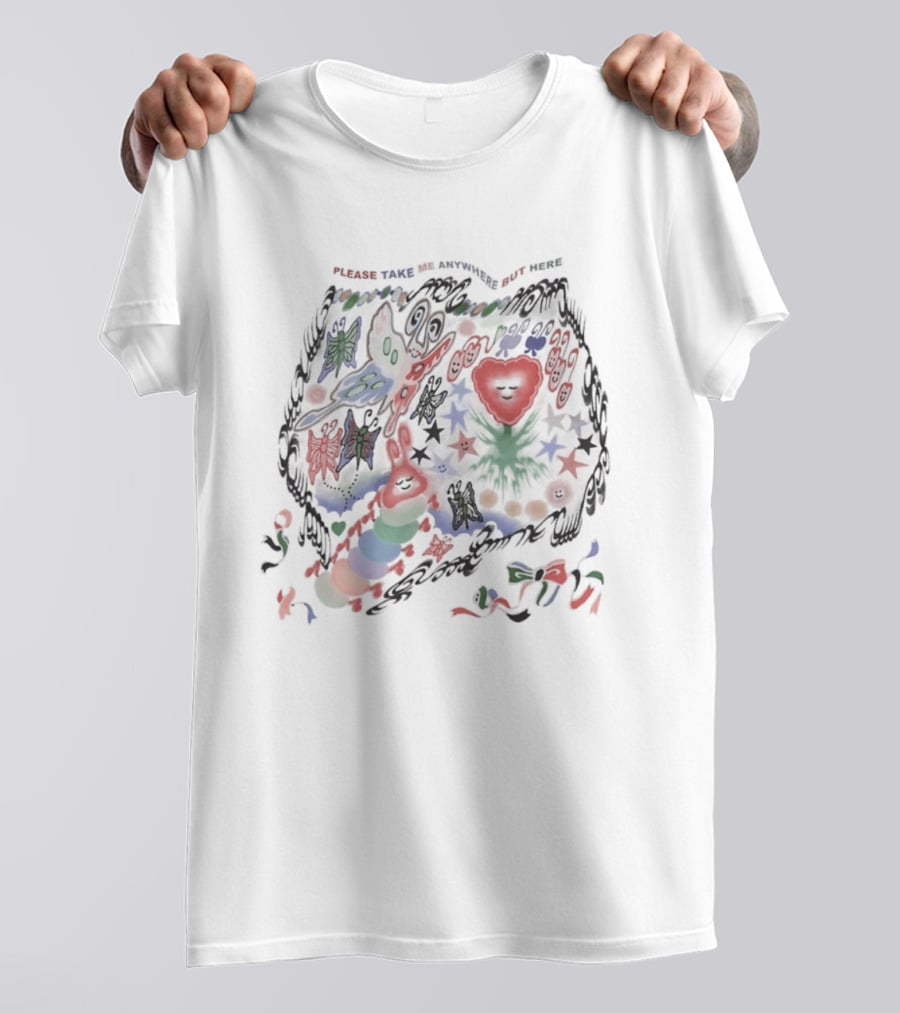 Please Take Me Anywhere But Here Colorful Butterflies And Heart T-Shirt