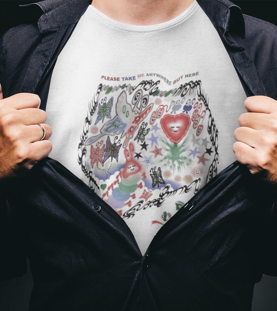 Please Take Me Anywhere But Here Colorful Butterflies And Heart T-Shirt