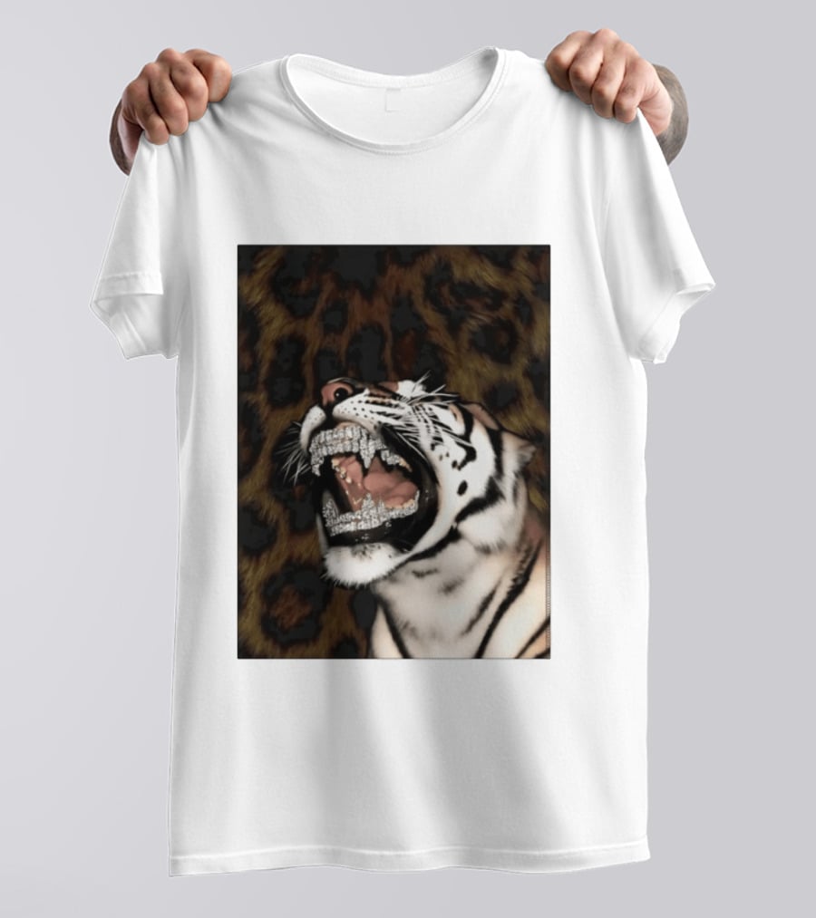 Tiger Diamond Grillz Iced Out Animal Roaring With Leopard Print T-Shirt