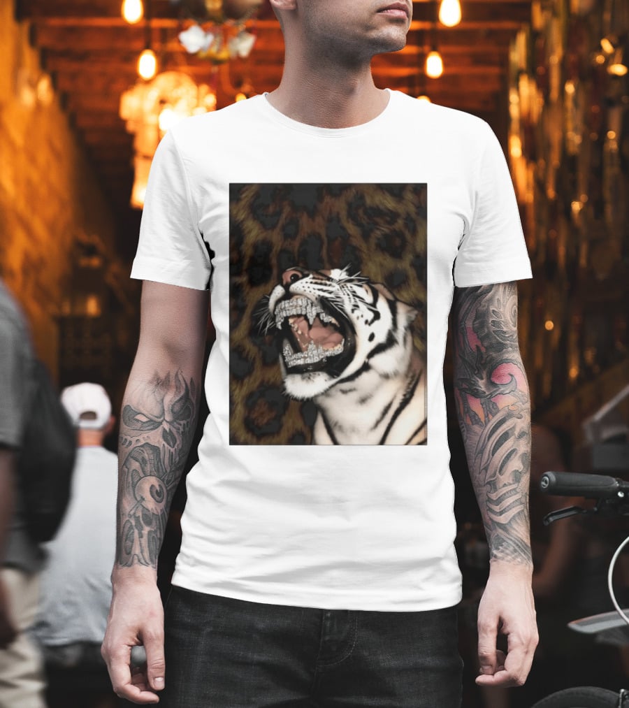 Tiger Diamond Grillz Iced Out Animal Roaring With Leopard Print T-Shirt