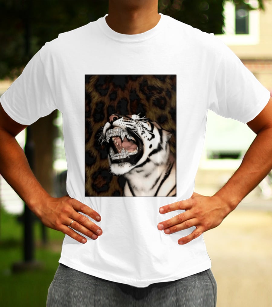 Tiger Diamond Grillz Iced Out Animal Roaring With Leopard Print T-Shirt