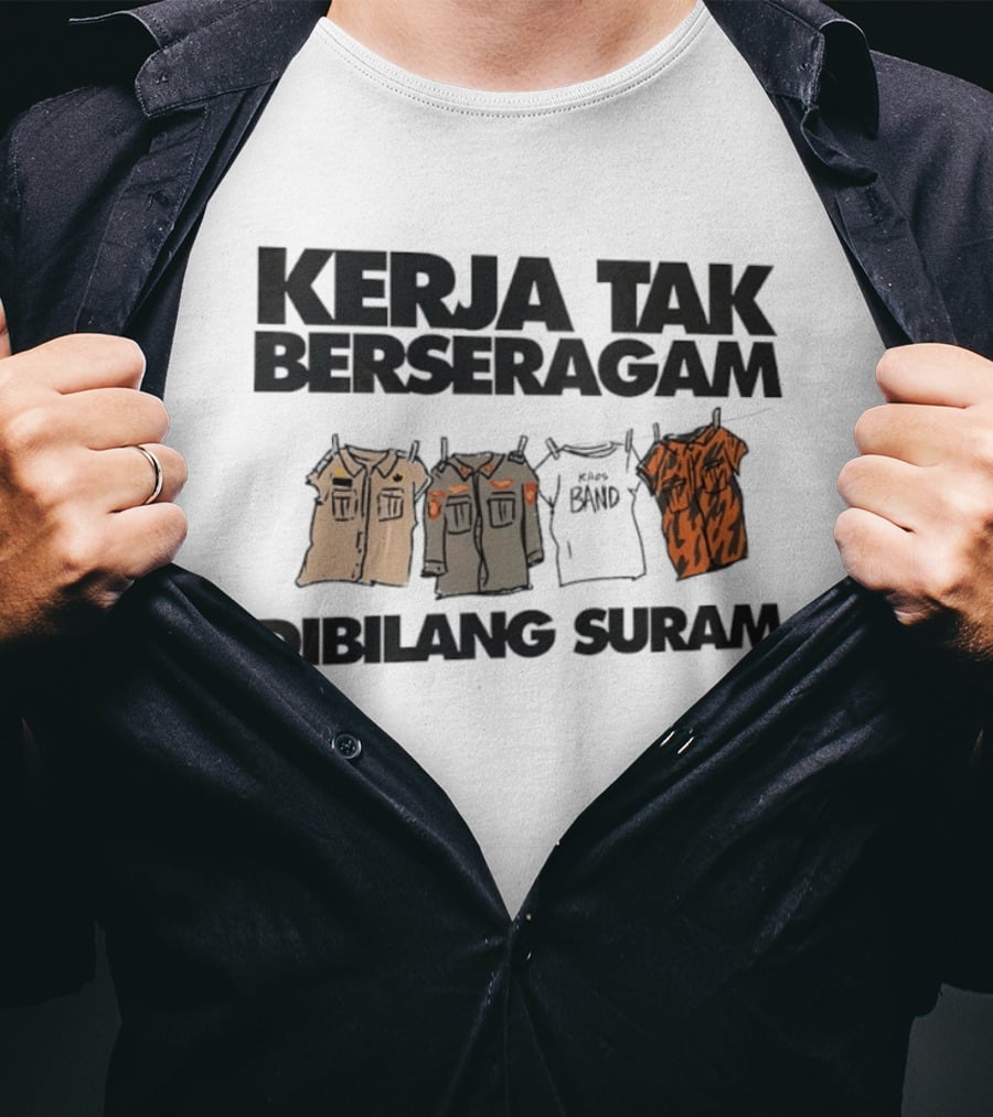 Kerja Tak Berseragam Dibilang Suram Kaos Band Dan Pakaian Kerja Di Jemuran T-Shirt