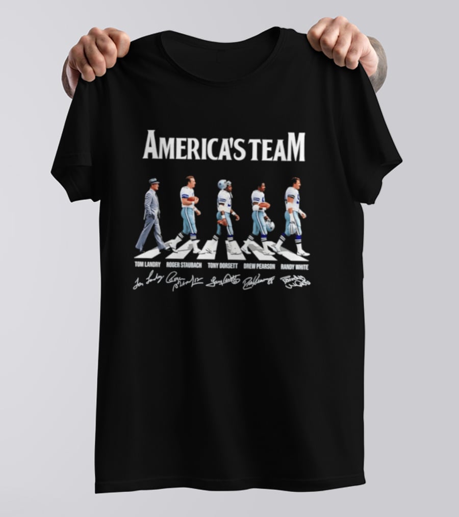 America's Team Tom Landry Roger Staubach Tony Dorsett Drew Pearson Randy White Dallas Cowboys Signatures Abbey Road T-Shirt