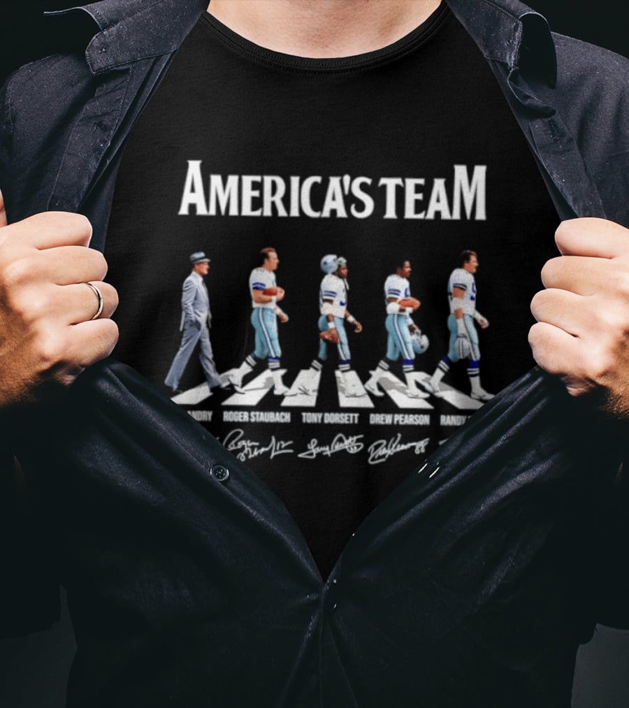 America's Team Tom Landry Roger Staubach Tony Dorsett Drew Pearson Randy White Dallas Cowboys Signatures Abbey Road T-Shirt
