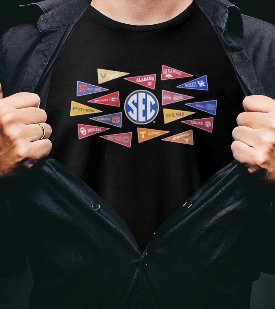 SEC Colleges Football Pennants Alabama Georgia LSU Florida Tennessee Oklahoma T-Shirt