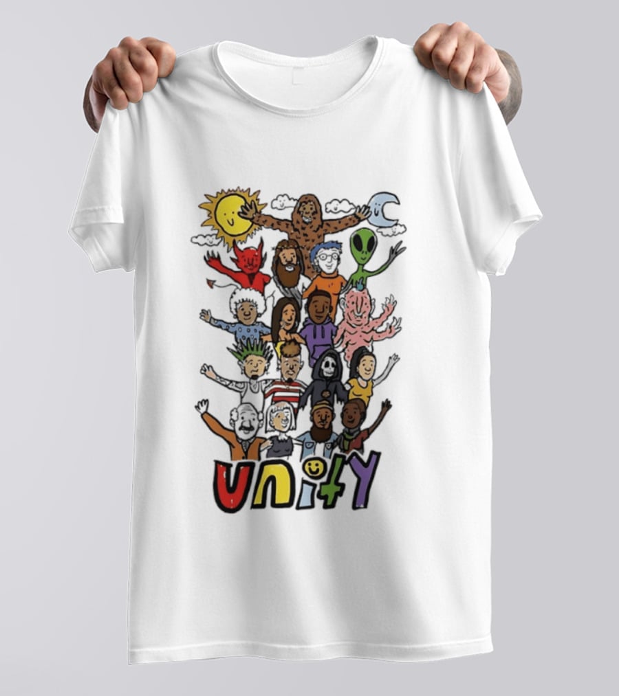 Unity Cartoon Characters Doodle Diverse Characters Aliens Bigfoot Devil Sun Moon T-Shirt