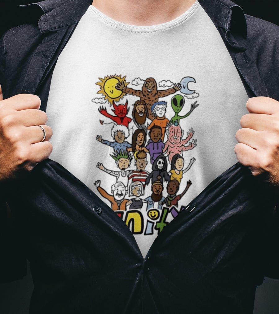 Unity Cartoon Characters Doodle Diverse Characters Aliens Bigfoot Devil Sun Moon T-Shirt