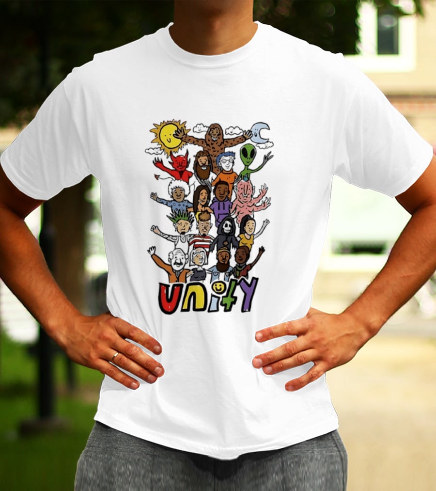 Unity Cartoon Characters Doodle Diverse Characters Aliens Bigfoot Devil Sun Moon T-Shirt