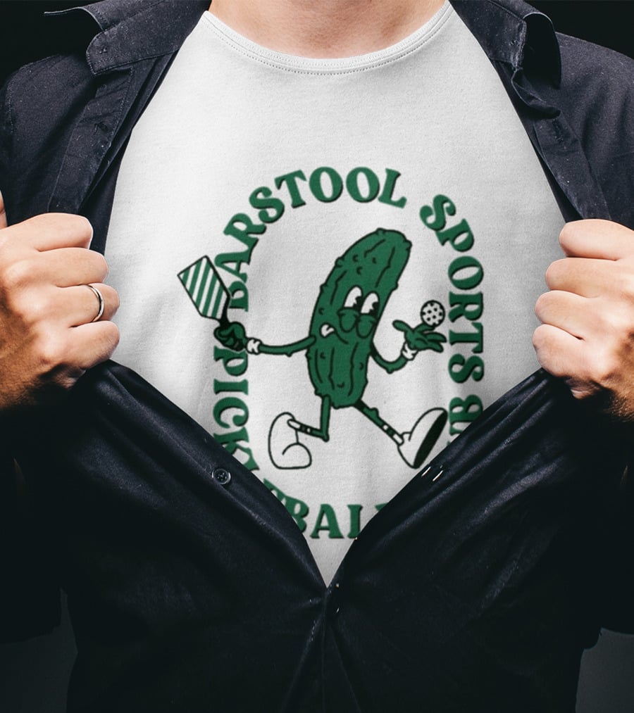 Barstool Sports Pickleball Club Animated Pickle Character With Paddle And Ball T-Shirt