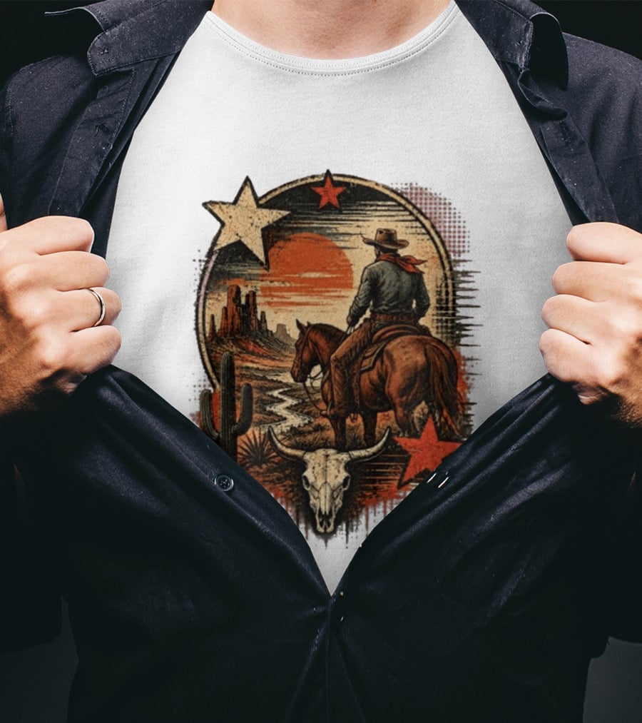 Cowboy On Horseback Under Desert Sunset With Cactus And Skull T-Shirt