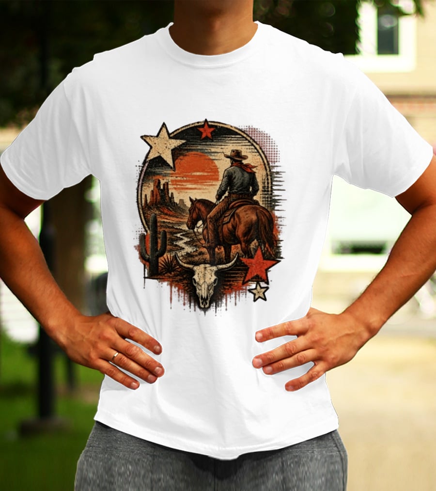 Cowboy On Horseback Under Desert Sunset With Cactus And Skull T-Shirt