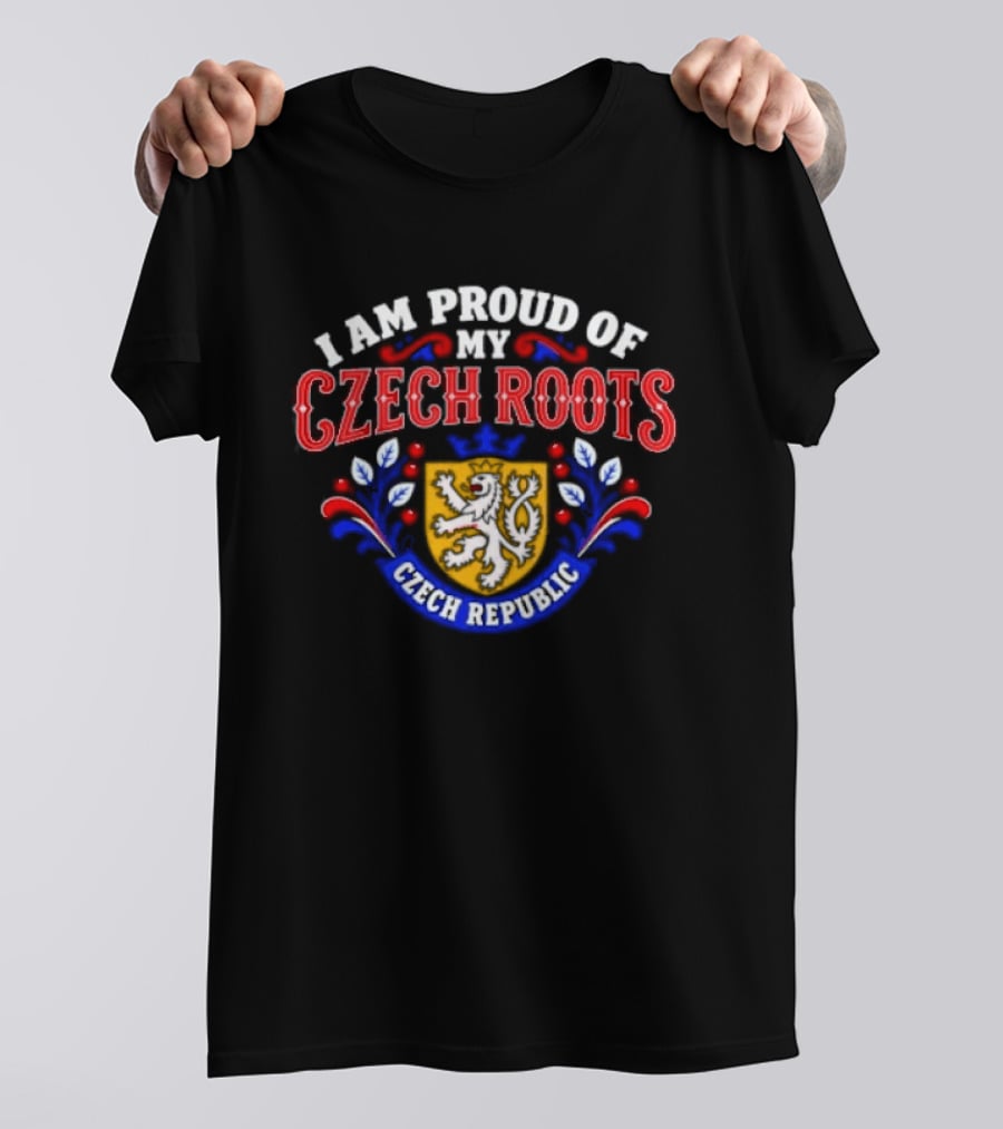 I Am Proud Of My Czech Roots Czech Republic Crest With Lion And Floral Motif T-Shirt