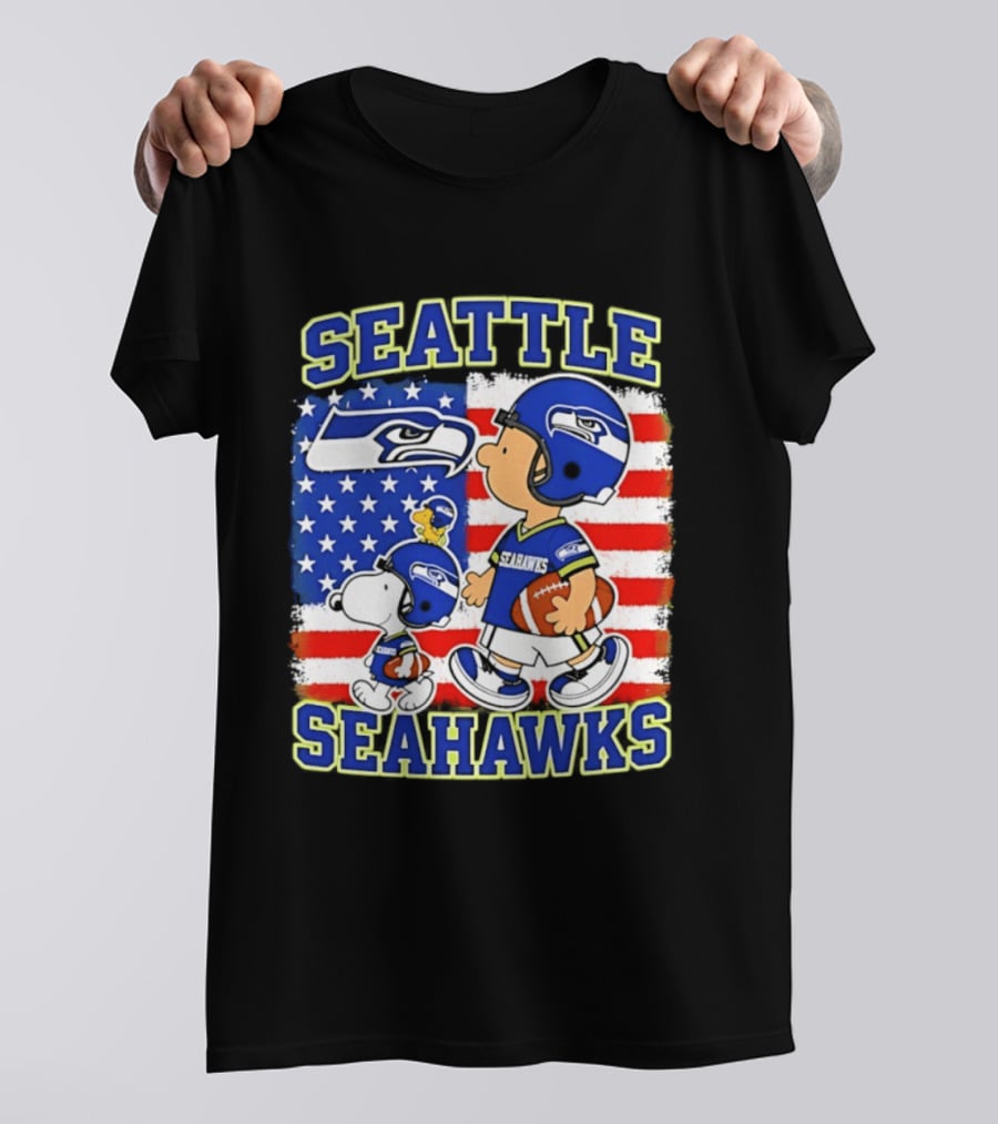 Snoopy Charlie Brown Seattle Seahawks American Flag Football T-Shirt