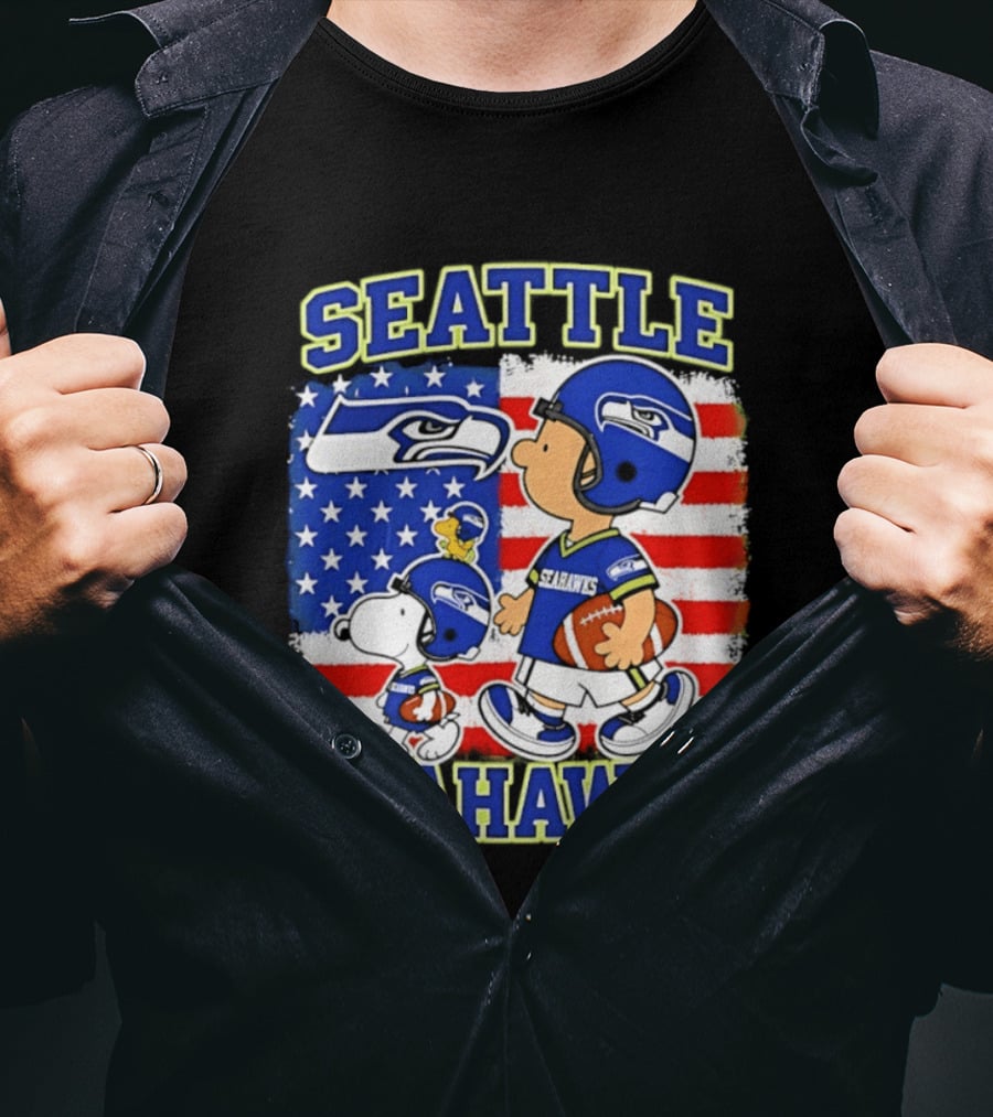 Snoopy Charlie Brown Seattle Seahawks American Flag Football T-Shirt