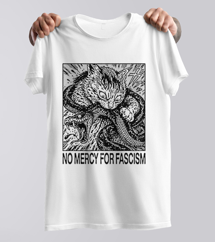 No Mercy For Fascism Cat Fighting Snake T-Shirt
